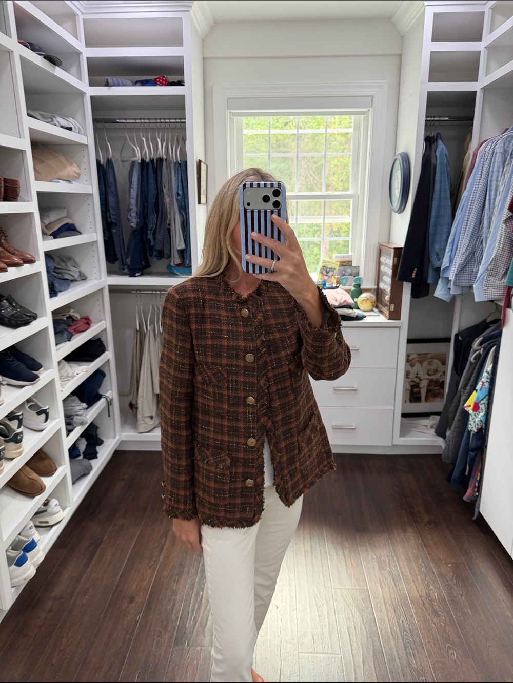 Women's Brown Plaid Button-Front Tweed Jacket M